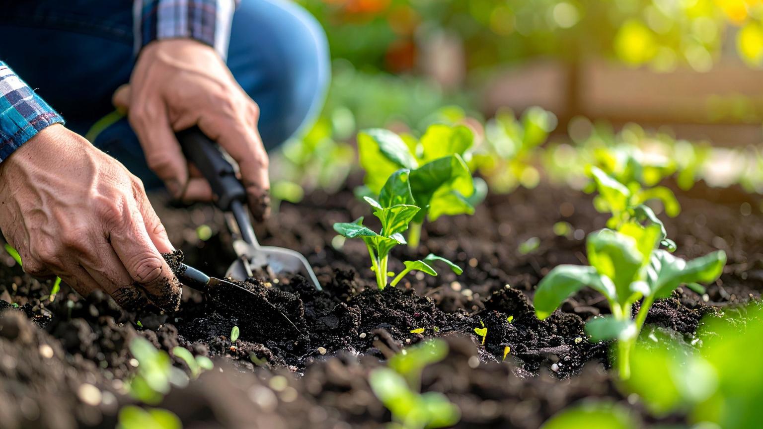 jardinería profesional en un huerto sostenible con plantación de brotes verdes