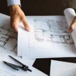 Arquitecto revisando planos en reforma integral de vivienda moderna para mejorar distribución y diseño de interiores