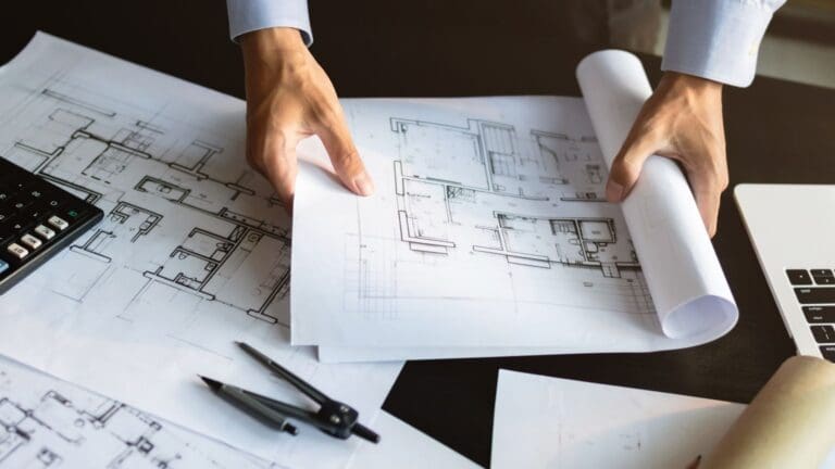 Arquitecto revisando planos en reforma integral de vivienda moderna para mejorar distribución y diseño de interiores