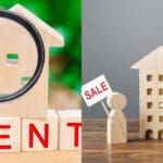 Comparativa entre vender o alquilar vivienda con casas en miniatura y conceptos rent y sale