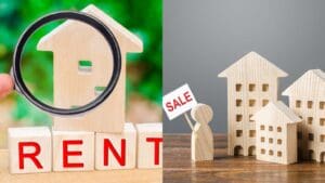 Comparativa entre vender o alquilar vivienda con casas en miniatura y conceptos rent y sale