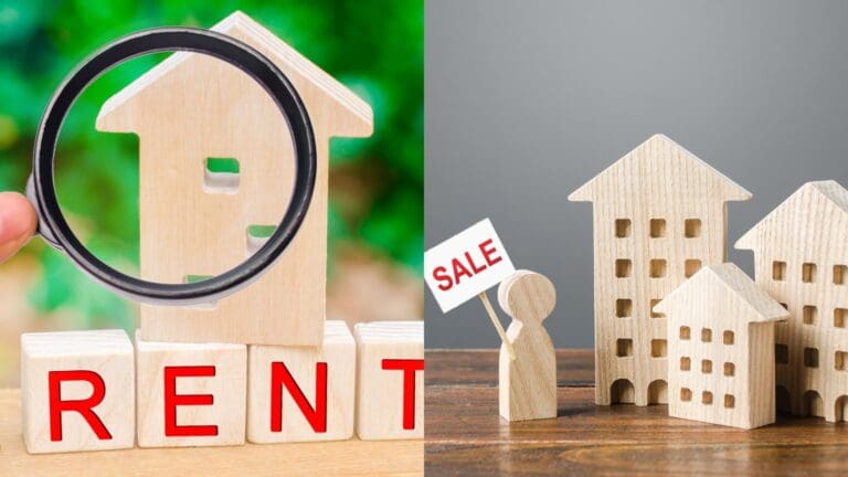 Comparativa entre vender o alquilar vivienda con casas en miniatura y conceptos rent y sale