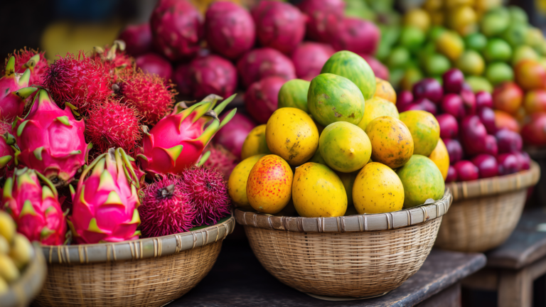 Presentación moderna de frutas y verduras en gastronomía creativa.