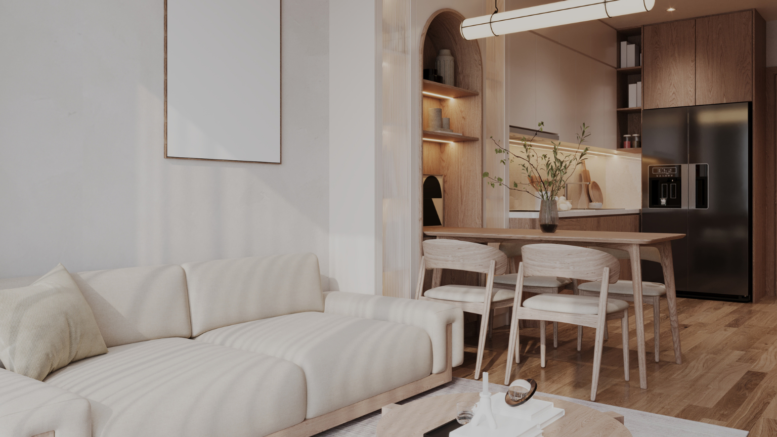 Interior moderno de apartamentos coliving con espacios compartidos.