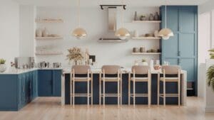 Diseño de cocina moderna funcional con distribución eficiente y mobiliario organizado