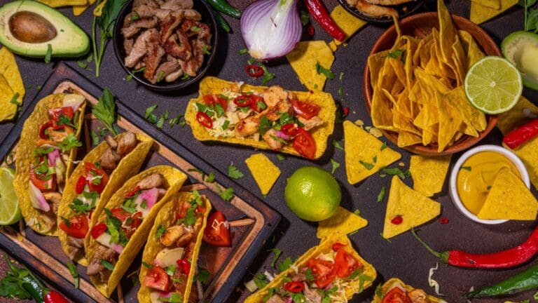 Diferencia comida mexicana y Tex-Mex con tacos, burritos y nachos en mesa rústica