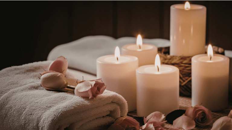Ritual de bienestar con velas en ambiente tranquilo.