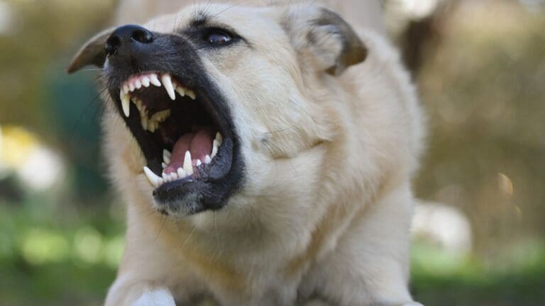 Perro reactivo ladrando durante un paseo mientras trabaja en su educación canina y adiestramiento para mejorar su comportamiento con otros perros.